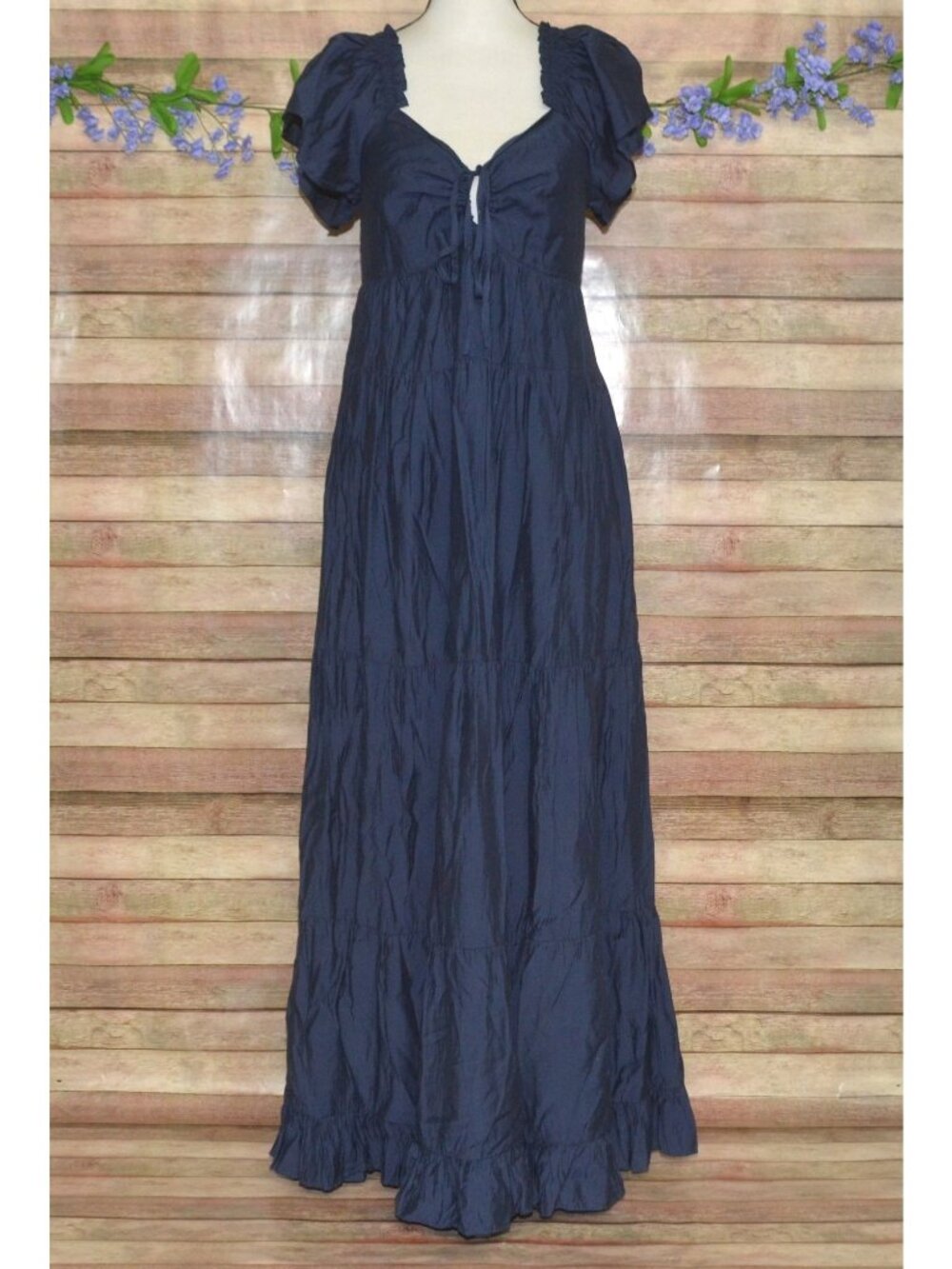 In February Navy Blue Tiered Maxi Dress Size L Milkmaid Puff Sleeve Keyhole Tie